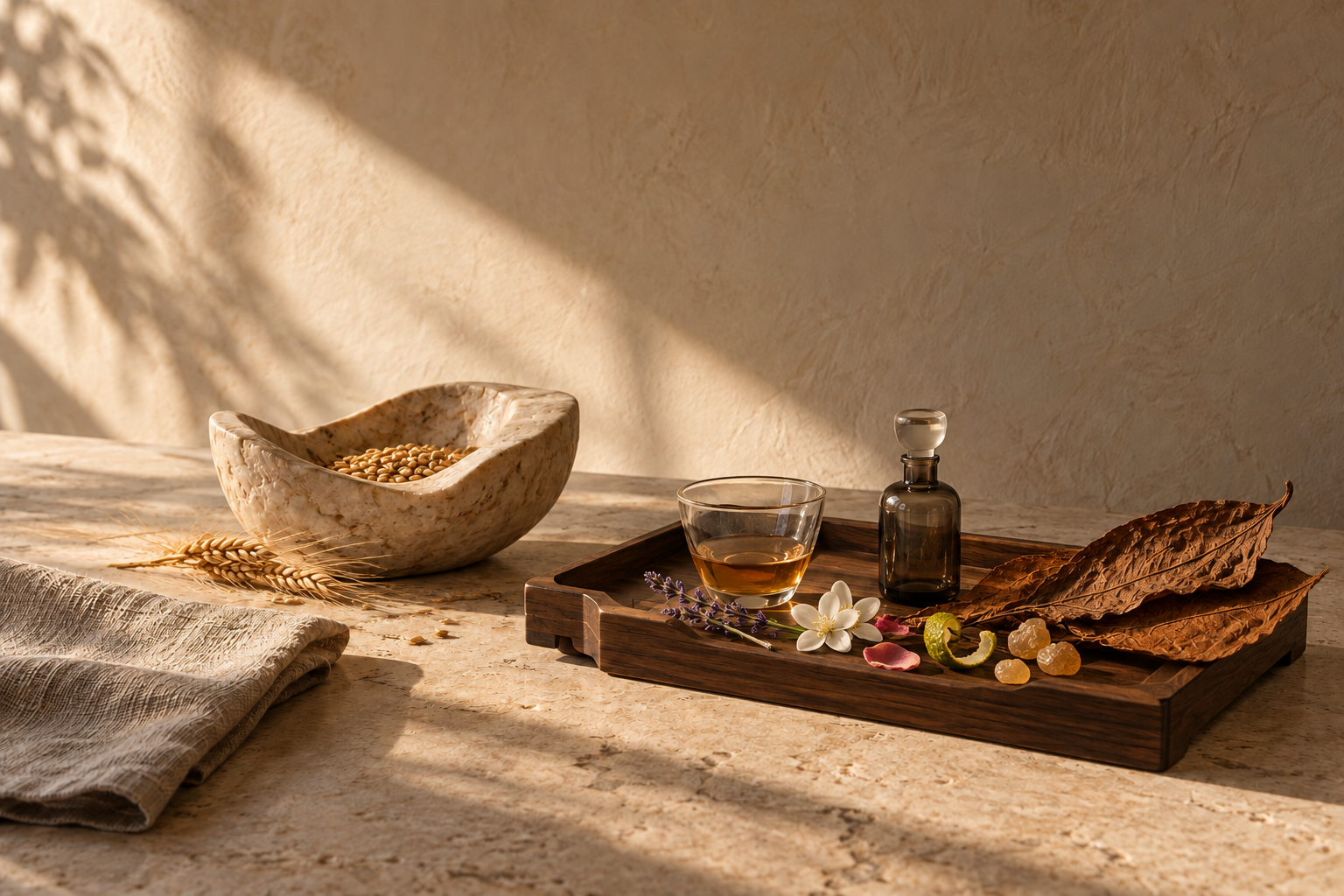A conceptual material study: barley in carved stone, cured tobacco leaves and perfumery botanicals beside a tasting glass and scent vial on walnut.
